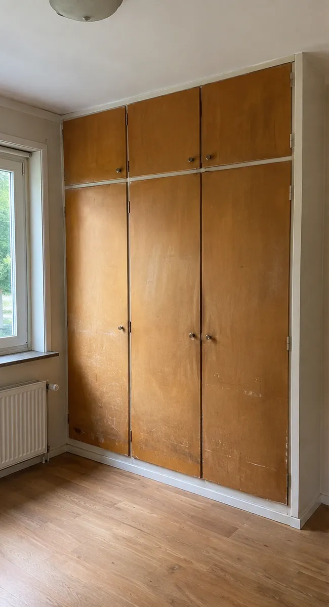 Före: en inbyggd garderob med tre höga dörrar och tre överskåp, slitna orangebruna luckor med små knoppar och en vit ram runt om.